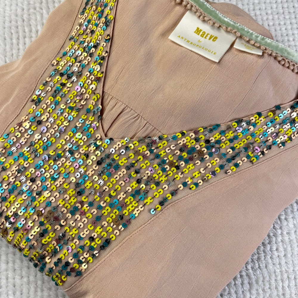 Maeve Anthropologie Sequin Bib Blouse Peach Smocked Hem Long Sleeve Top Medium
